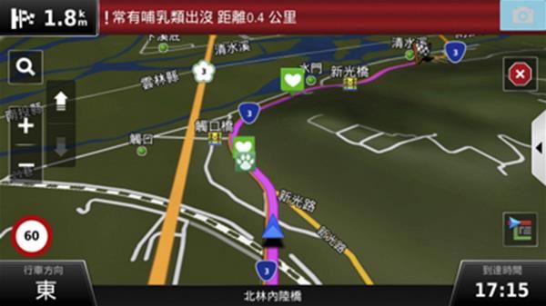 導航系統Omnie CUE以聲音和影像提醒駕駛人行經熱點路段應維持於規定速限內,更根據生物出沒特性、路段行經頻率等,人性化調整提醒方式及次數。