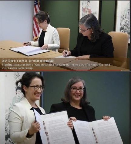 我駐美國代表蕭美琴大使及美國在台協會執行理事藍鶯於美東時間11月3日在華府簽署「台美發展及人道援助合作瞭解備忘錄」。