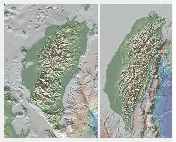 將岷都洛島旋轉180度（左），與台灣（右）並置，可發現有不可思議的相似。（李元希提供）
