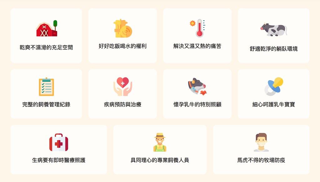 動物福利標章乳牛篇,共11項指標。圖片提供:台灣動物社會研究會