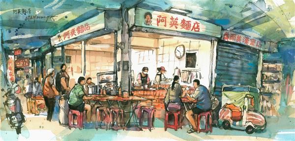 屏東西市場拆除後,阿英麵店將鄭開翔的畫做成店招,成為老店新生的見證。
