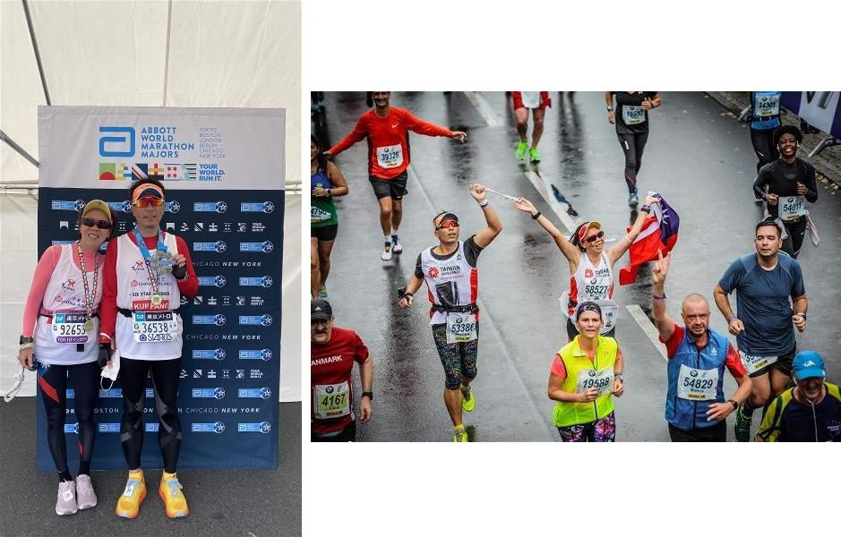 從第一場柏林馬拉松（上圖），到最後一場東京馬拉松（下圖），周坤芳（下圖右）的六大馬之旅，身旁總能看到侯美花（下圖左）的身影。（侯美花提供）