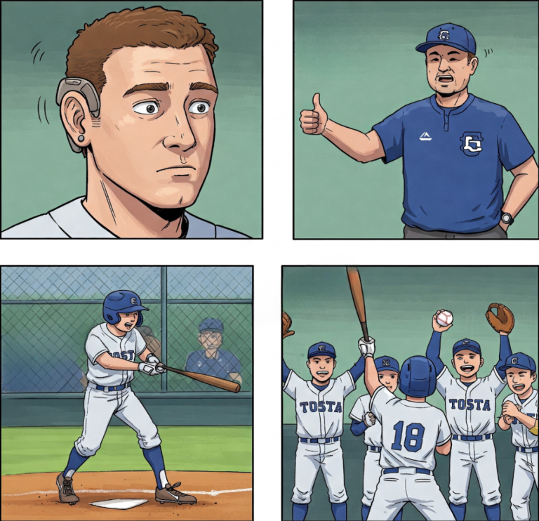 雲豹騎士棒球隊教練指導戴著助聽器的球員揮棒。/Gemini AI製作 張沛紘