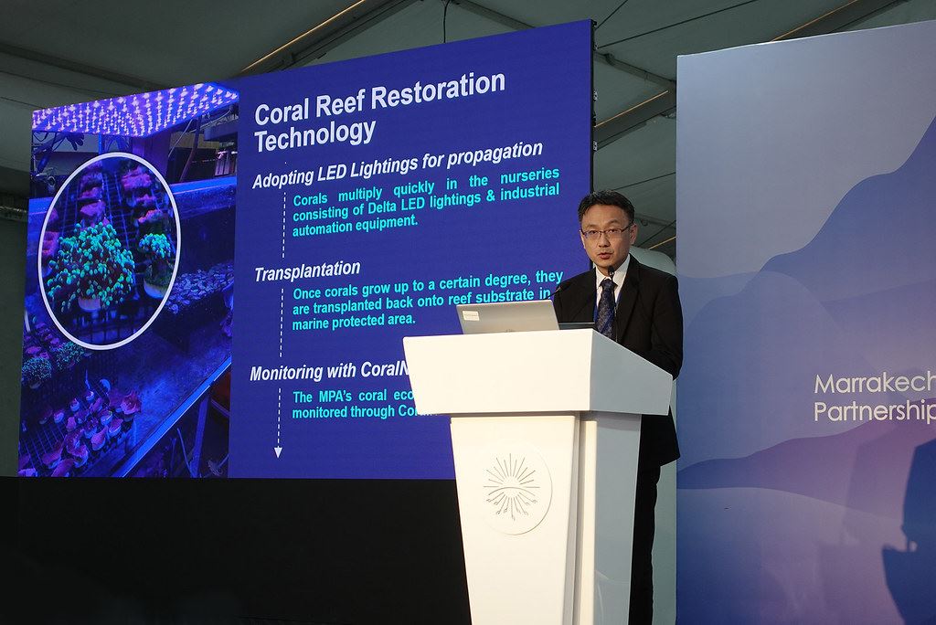 台達基金會執行長張楊乾於COP27行動倡議座談分享珊瑚復育計畫。圖片來源：台達提供
