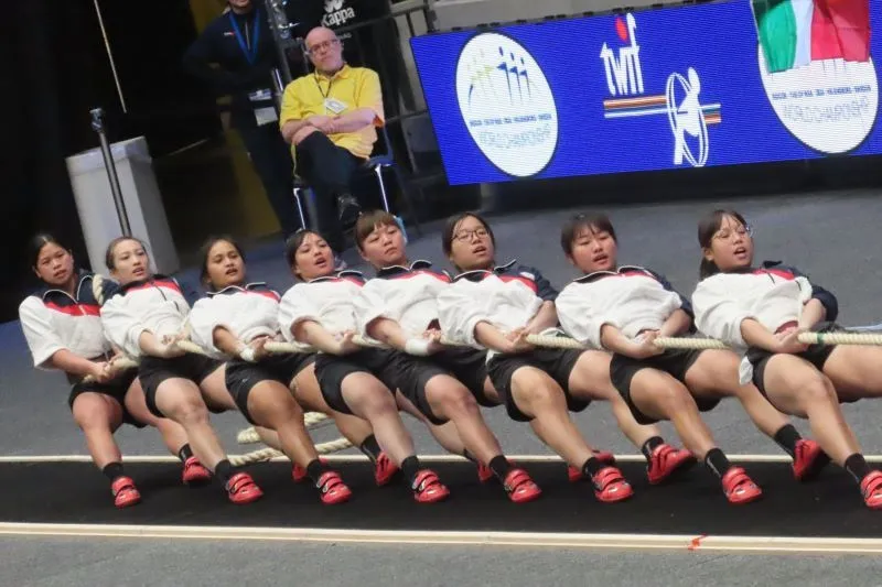 Taiwan’s female national team participates in the 2024 Tug of War Indoor World Championships Feb. 11 in Helsingborg, Sweden. (Courtesy of MOS)