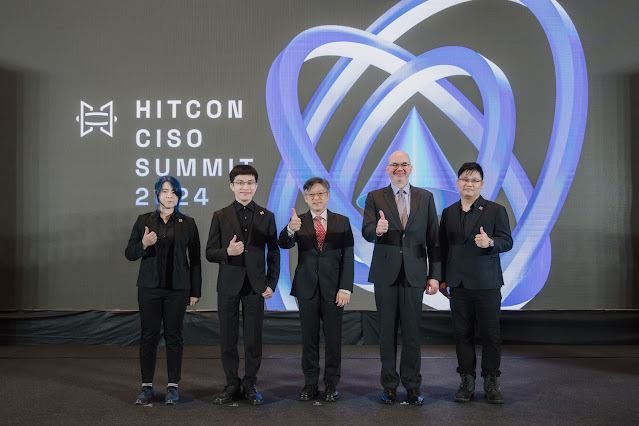 亞太地區最大規模的資安長大集合！HITCON CISO Summit 開幕嘉賓肯定資安長高峰會對台灣產業的重要性（圖左起 HITCON CISO Summit 2024 副召集人顏珣、台灣駭客協會理事長翁浩正、國家安全會議諮詢委員李育杰、美國在台協會處長谷立言、HITCON CISO Summit 2024 總召集人鄭仲倫）