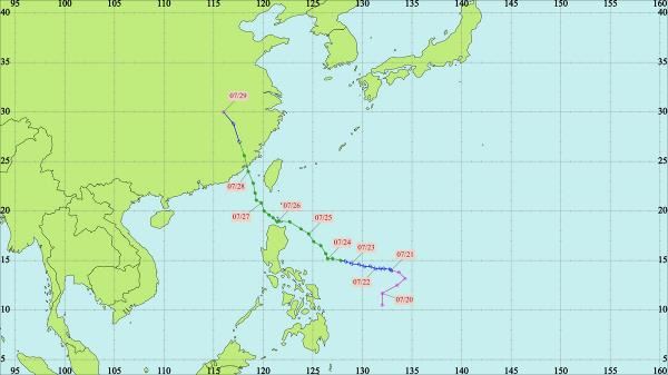 基於地緣關係，台菲兩國面臨的天然災害相似度高。圖為2023年同時侵襲菲台兩地之中度颱風杜蘇芮路徑，先途經菲律賓東部至北部海面，再大幅往北轉至台灣。（中央氣象署提供）
