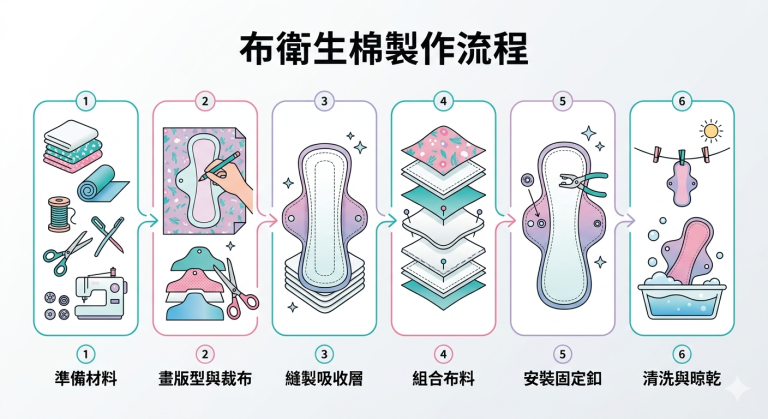 布衛生棉的製作方式與流程。製圖/江翊慈（與Gemini共同協作）