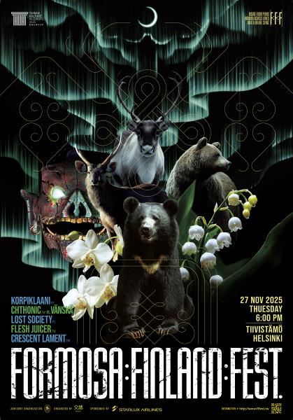 This poster for the Formosa : Finland : Fest heavy metal concert features a Finnish reindeer, brown bear, and lily of the valley (the national flower) alongside a Taiwanese Formosan sambar, Formosan black bear, and moth orchid, echoing similarities between the two countries.