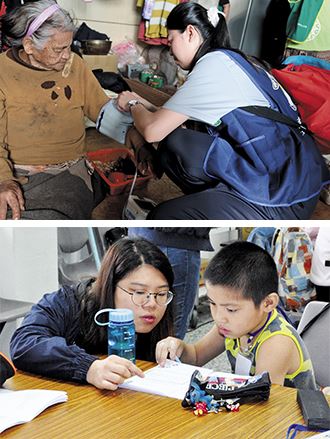 TCU student volunteers conduct health checkups for senior citizens and tutor disadvantaged schoolchildren. (Photos courtesy of TCU)