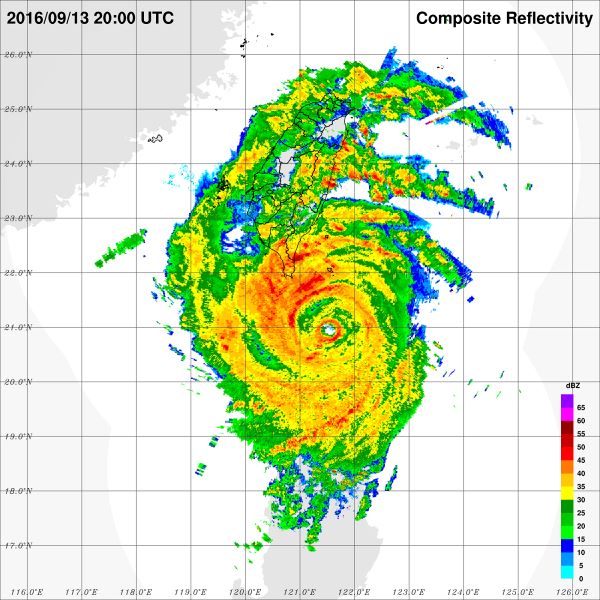 結合了台菲兩地的雷達資料，繪出2016年強烈颱風莫蘭蒂完整的颱風雷達回波圖。（中央氣象署提供）