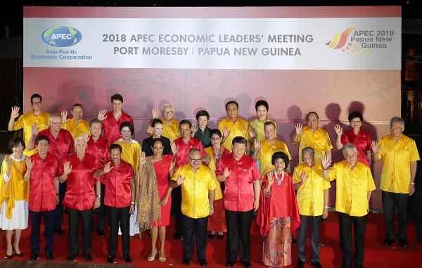 2018年在巴布亞紐幾內亞舉行的APEC年會，各國經濟領袖合影，我國由台積電創辦人張忠謀（最後排左四）代表參加。