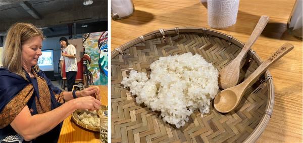 在出力釀釀酒廠，Melanie和阿美族人一起釀造傳統米酒，感受穀物在部落裡的文化意涵。（澳洲辦事處商務處提供）