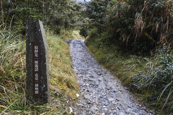 「寂靜是一種邀請,也是一種喚醒」,寂靜山徑中有許多精心設計的標語,作為入山的提醒,也為旅人加油打氣。